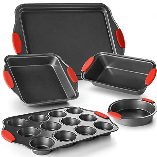 NEDNEY Bakeware Set, 5 Pcs Baking Pans Set,Nonstick Carbon Steel Oven Bakeware Kitchen Set with Silicone Handles, Include Cookie Sheet, Loaf Pan, Round Cake Pan,Square Pan, 12 Cups Muffin Pan…