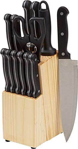Basics 14-Piece Kitchen Knife Block Set, High-Carbon Stainless Steel Blades with Pine Wood Knife Block