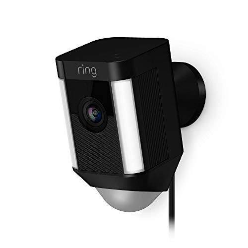 Ring Spotlight Cam Wired – Plugged-in HD security camera with built-in spotlights, two-way talk and a siren alarm, Works with Alexa – Black